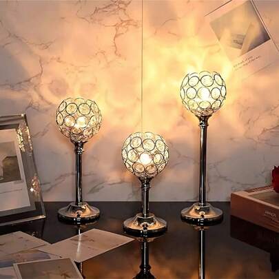 优雅金属水晶球玻璃烛台，配有防风玻璃罩，适用于餐厅、客厅、厨房、酒店客房、样板房等场所，可用作香薰烛台。金色水晶烛台，家居装饰，适用于婚礼、烛光晚餐等各种节日，如圣诞节、情人节（不含蜡烛）。