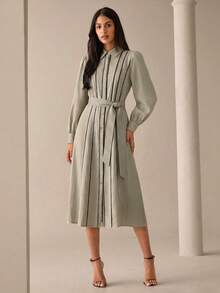 Lilora 女士优雅无袖系带花卉刺绣衬衫，适合休闲、办公、派对等场合穿着，都市风格，女士休闲通勤衬衫裙，都市休闲，浪漫优雅，外出穿着 - 卡其色 - 查看 6