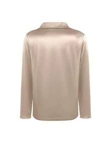 INAWLY 1件大码纯色缎面交叉褶皱纽扣装饰长袖衬衫上衣，适合日常穿着、约会、度假、生日派对、返校派对、单身派对、旅行、春秋季节穿着。 - 杏色 - 查看 3