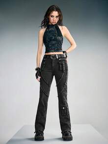 ROMWE Grunge Punk Women's Heavy Wash Distressed Patchwork Cargo Pocket Jeans