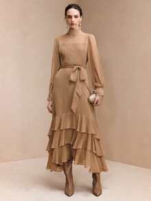 Arave 女士立领长袖腰带设计层叠荷叶边下摆优雅法式连衣裙，适合度假和派对 - 棕色 - 查看 2
