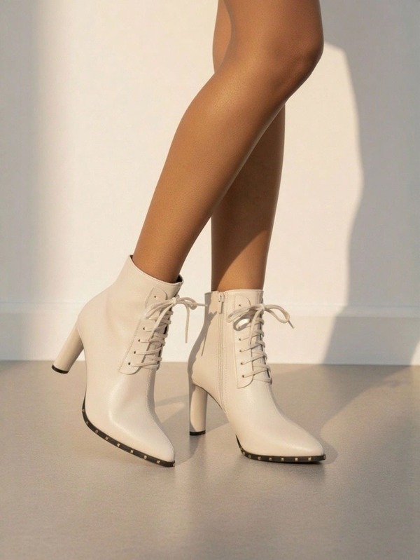 Botines de punta puntiaguda mujeres nuevo blanco talón alto mujeres talón grueso slim con cordones botas de moda
