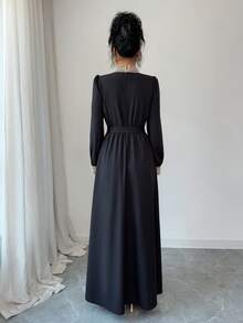 Franclia 女士长款连衣裙，刺绣拼接复古设计 - 黑色 - 查看 2