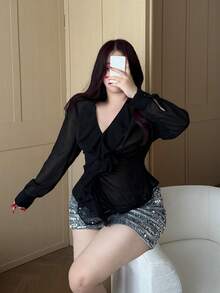 Vibekara New Elegant Sexy Chiffon Faux Blouse Shirred Frill Trim Puff Long Sleeve Shirt Top, Waist Cinched Slim Fit, Short Length - Black - View 5