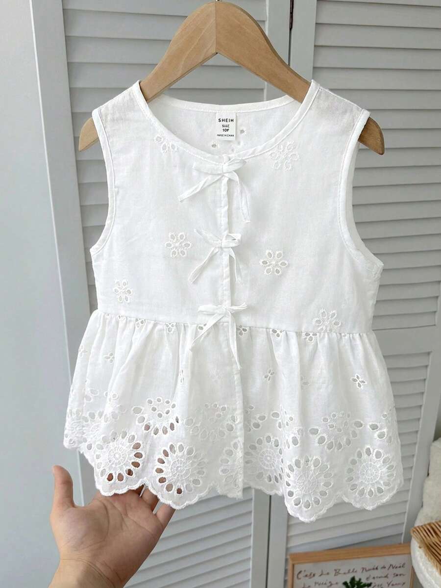 SHEIN Tween Girls' Casual Everyday Vacation Textured Bow Front Crop Top - White - View 1