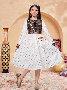 SHEIN Tween Girl Woven Print Patchwork Foil Polka Dot Pullover Dress With Delicate Tassel Mini Crossbody Bag, Suitable For Travel, Vacation, Countryside Style, Casual Resort, Boho, Kids Arabic Dress, Long Dresses For Girls,Kids - Multicolor - View 7