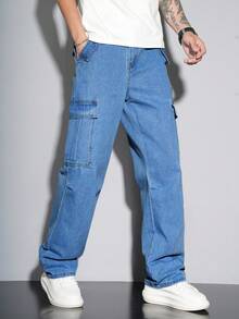 Claim Dot Men Casual Flap Pocket Side Cargo Jeans Jeans For Men Cargo Baggy - Medium Wash - View 7