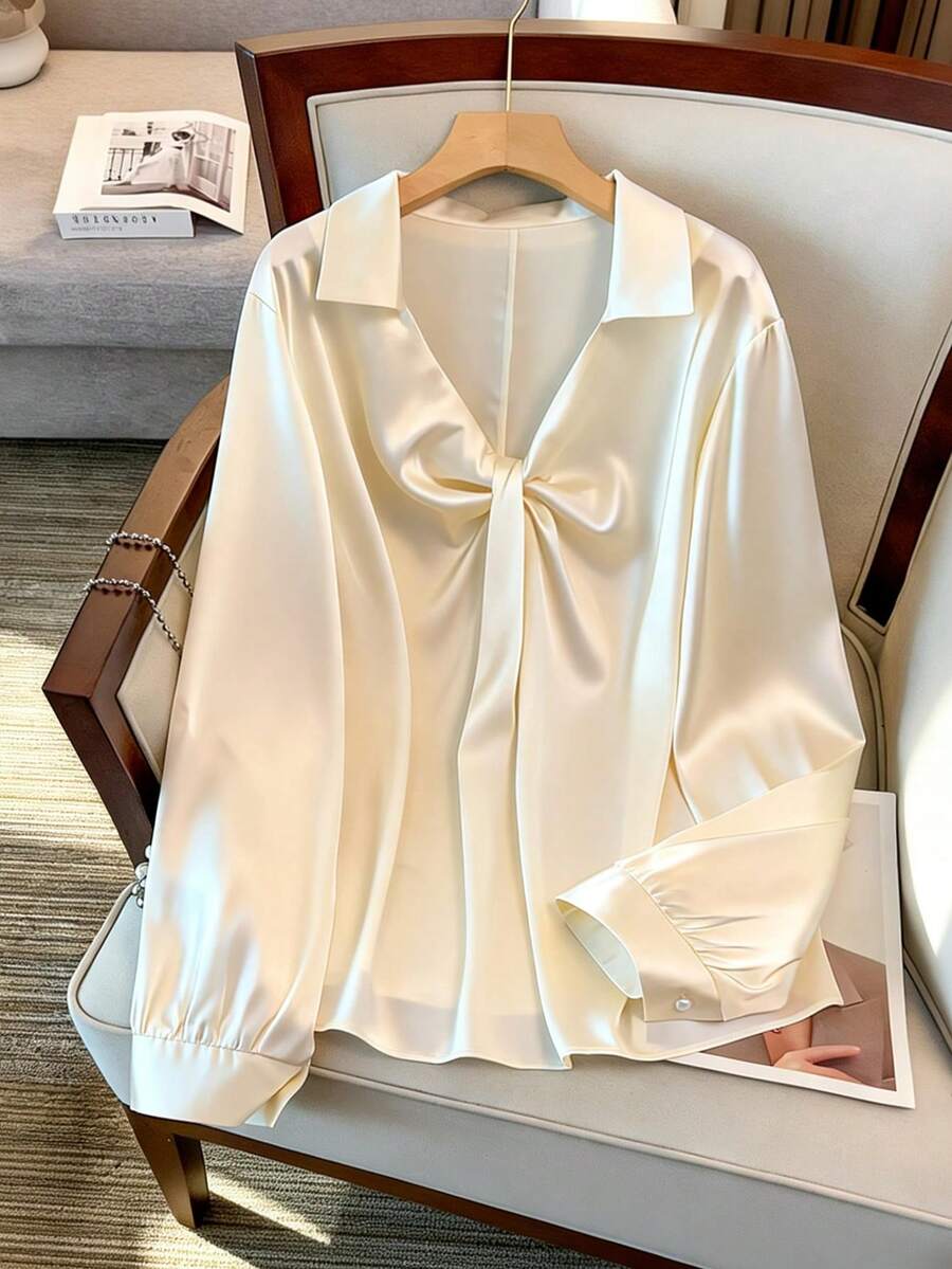 GlowEve CURVE Plus Size Women's Satin Blouse V-Neck 3D Pleated Collar Long Sleeve Shirt, Sexy Elegant Refined Silk-Like Sheen, Suitable For Cocktail Party, Commute, Versatile, Milky White - Apricot - View 1