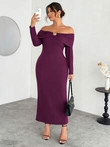 Firerie Abito aderente da donna con spalle scoperte, decorazione e maniche a campana, elegante e sofisticato, in stile romantico, taglie comode - Bordò - Visualizzare 4