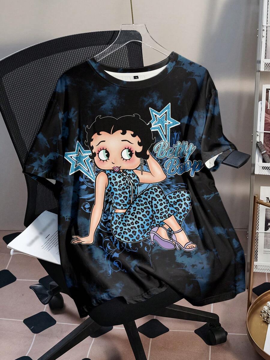 Betty Boop x SHEIN 大码女式夏季休闲日常通勤时尚街头豹纹卡通人物星星字母扎染印花短袖T恤 - 白色 - 查看 1