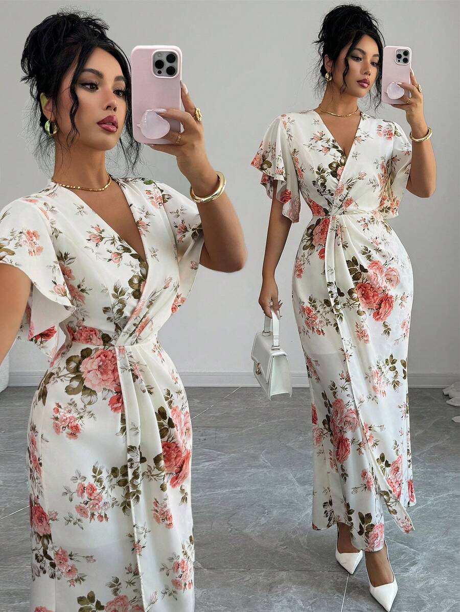 Elenzga Elegantes Kleid mit Rüschenärmeln, V-Ausschnitt und digitalem Muster an der Taille mit Fischschwanzsaum für Damen. Mit taillenbetontener Passform für eine anmutige und romantische Optik. Geeignet für verschiedene Anlässe, von formeller Bürokleidung und Pendeln bis hin zu sexy Outfits, französisch-inspirierten romantischen Styles, Lässig-Outings, Urlaub, orientalisch-vintage-inspirierte Events, gemütliche Nachmittagstee-Treffen, glamouröse Partys sowie Feiern zu Neujahr, Thanksgiving, Weihnachten, Valentinstag und mehr. - Aprikosenfarben - Übersicht 1