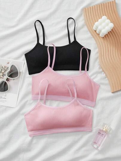 SHEIN 3pcs/Set Tween Girls' Minimalist Casual Padded Comfortable Bras, Student Underwear Set