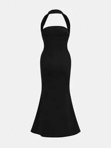 SHEIN Tween Girls Solid V-Neck Sleeveless Ruched Waist Velvet Elegant Party Dress Slim Mermaid Halter Neck Dress, For Christmas Party - Black - View 2