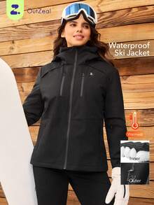 OutZeal 女士滑雪服冲锋衣保暖冬季滑雪露营绗缝内衬防风防水户外夹克带拉链口袋 - 黑色 - 查看 14