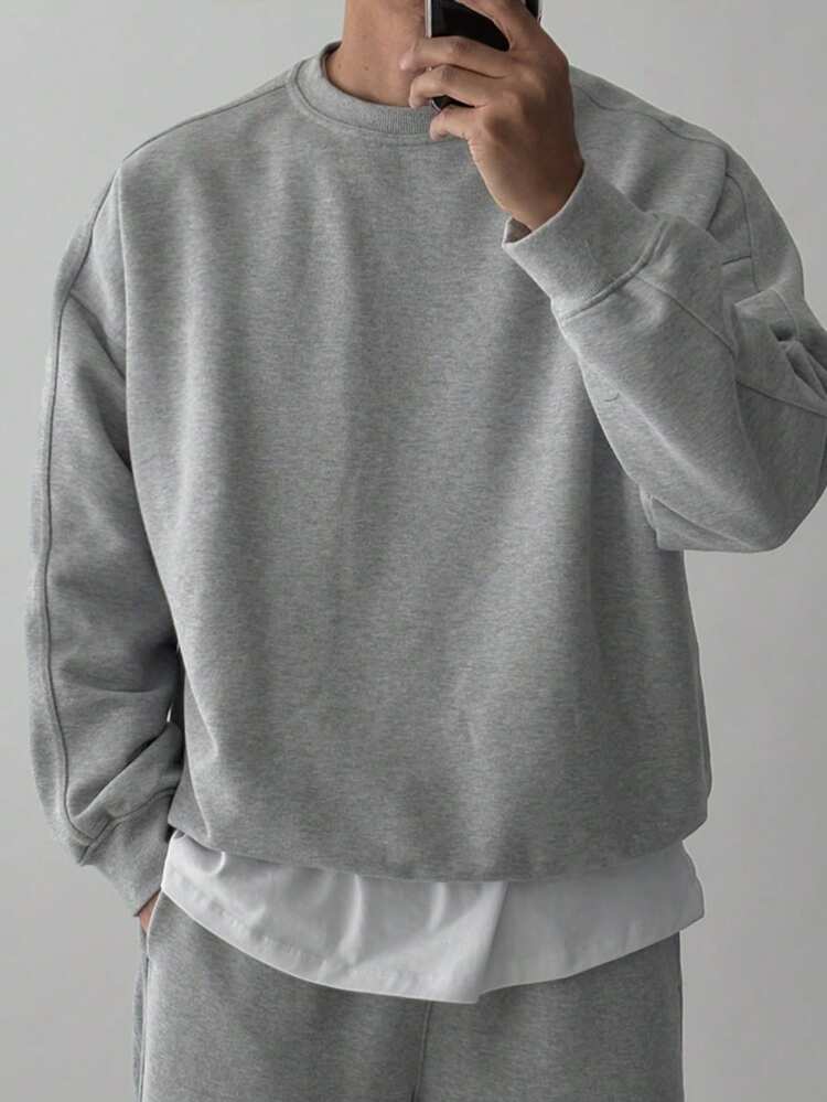 Men's Solid Gray Thermal Lined Crew Neck Sweatshirt Set, Autumn/Winter