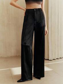 Anewsta Women's Elegant Slimming Versatile Satin Sheen Straight Leg Office Pants - Black - View 5