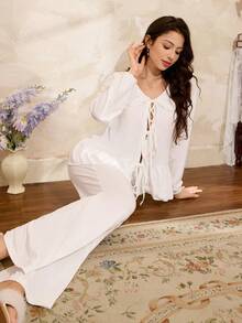 Côtesoire Elegant& Women's Cardigan Pajama Set,All White French Style Ruffle Lace Pj Set,Silk Lounge Wear Sets,Bridal Pajama Set For Lounge,Autumn,Elegant - White - View 5