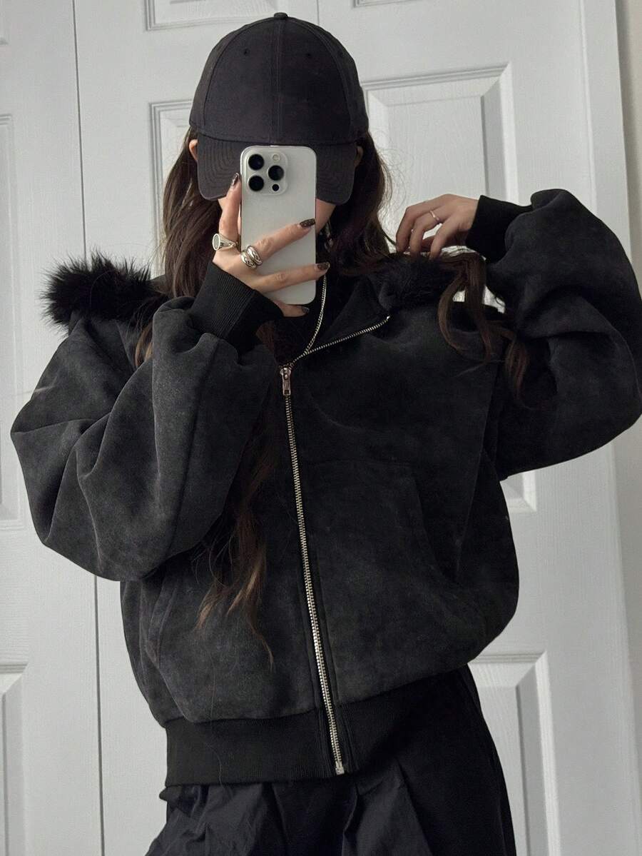 FRIFUL 女士保暖内衬撞色领拉链卫衣 - 深灰色 - 查看 1