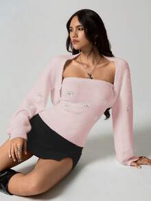 SHEIN TRNDY 2pcs Women Sequin Snowflake Cropped Top & Cardigan Sweater Set, White, Personalized, Versatile, Autumn/Winter Womens Sweaters Pink Sweater - Baby Pink - View 5