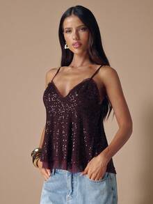 SHEIN BAE 秋冬纯色性感深V领深棕色亮片吊带女上衣，亮片女式吊带背心，秋冬汗衫，派对鸡尾酒会场合 - 棕色 - 查看 5