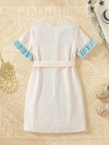 SHEIN Young Girls' Vintage Style Patchwork Retro Print A-Line Dress With Belt, Summer Fashion - Multicolor - View 4