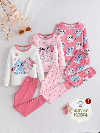 Set de 3 piezas de pijama para niñas, con parte superior de manga larga de cuello redondo y pantalones largos con estampado lindo de conejo