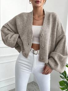 EURMUSE Cardigan tricoté casual à manches longues et épaules tombantes, couleur unie, automne/hiver pour femmes - Marron fonçé - Voir 4