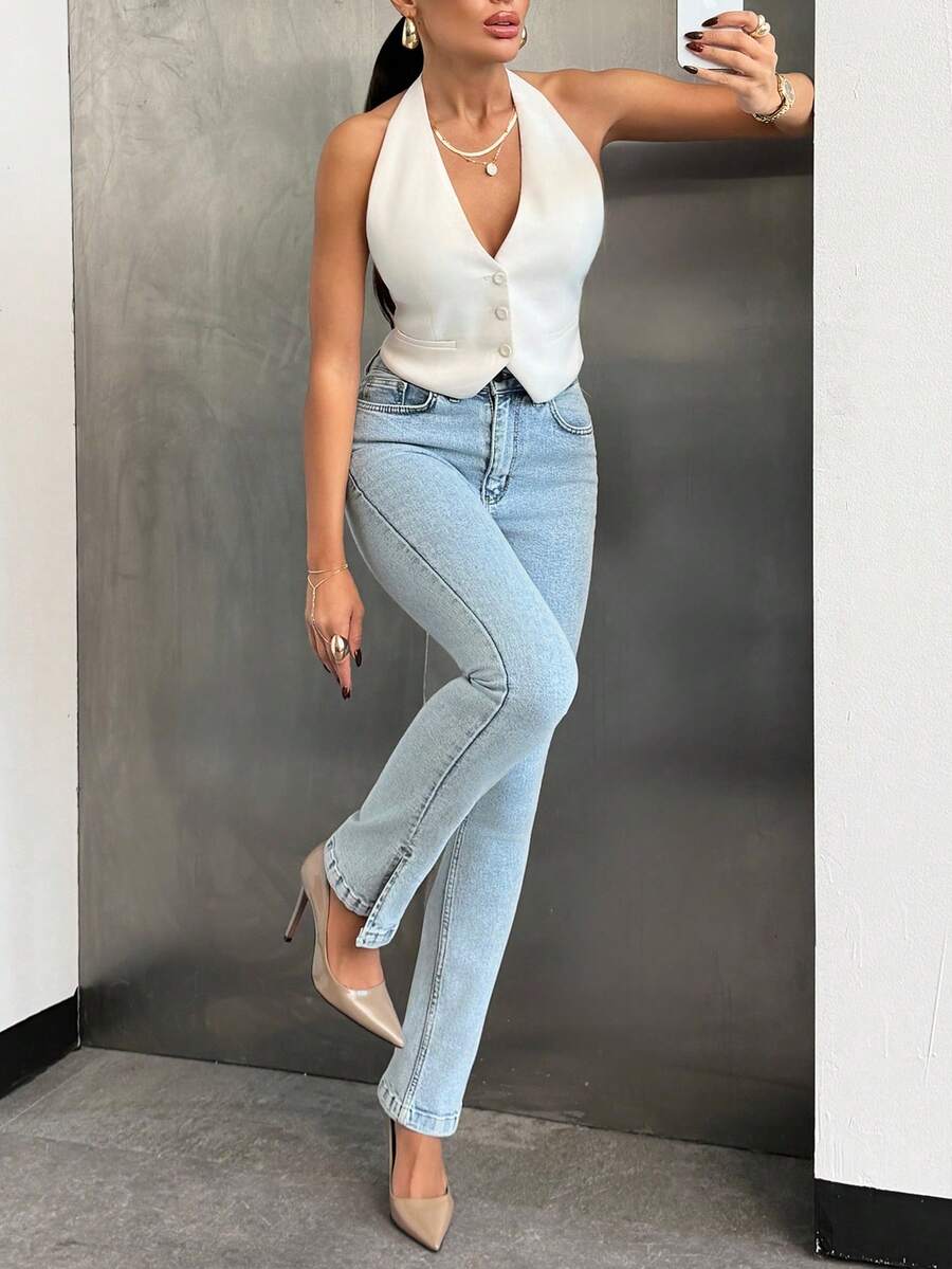 EURMUSE Quần jean denim co giãn cạp cao xẻ gấu ôm sát - Rửa nhẹ - Xem 1