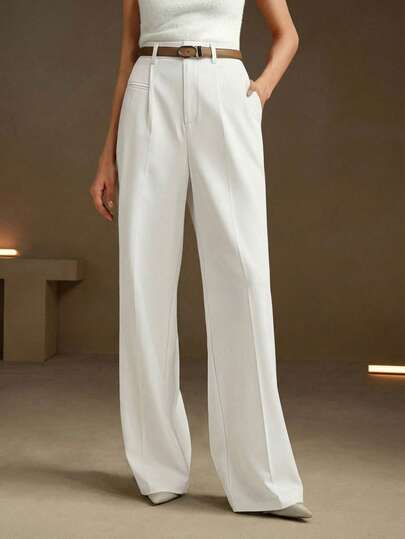 Anewsta Tall Elegant & Stylish High-Waisted White Suit Pants With Pockets For Women, Suitable For Spring, Autumn, Winter, New Year, Party, Wedding, Business Casual