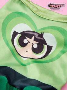 THE POWERPUFF GIRLS X PETSIN 1件黑色头发大眼睛女孩爱心印花宠物连衣裙 绿色简约风格亲肤透气宠物服装 - 綠色 - 查看 5