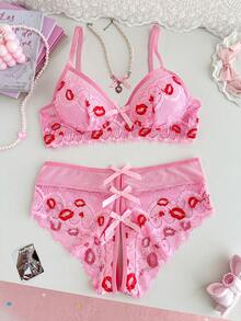 SHEIN Bộ đồ lót ren phối nơ không đáy 2 món dành cho ngày Valentine, nội y gợi cảm cho nữ. - Hồng - Xem 1