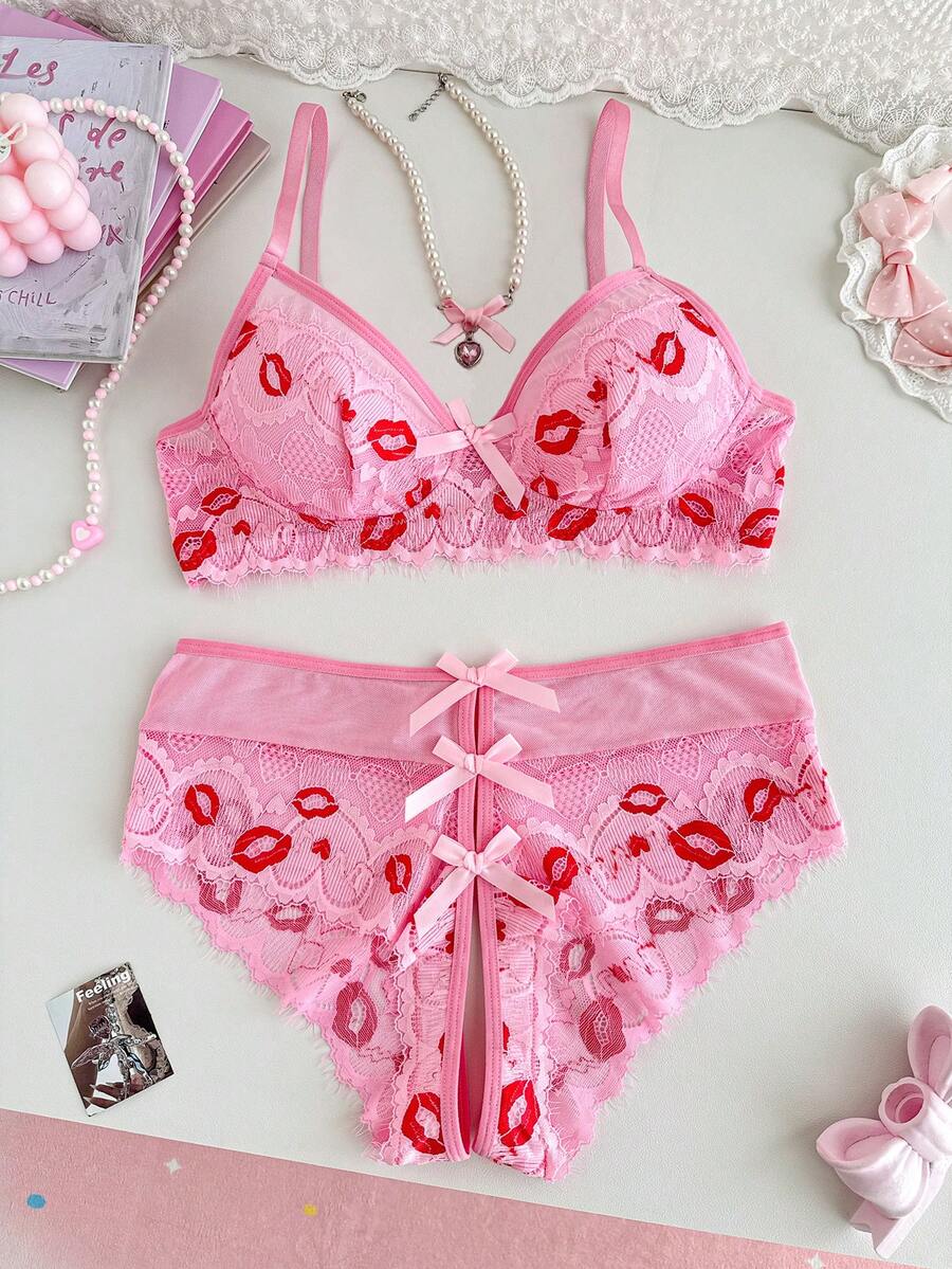 SHEIN Bộ đồ lót ren phối nơ không đáy 2 món dành cho ngày Valentine, nội y gợi cảm cho nữ. - Hồng - Xem 1