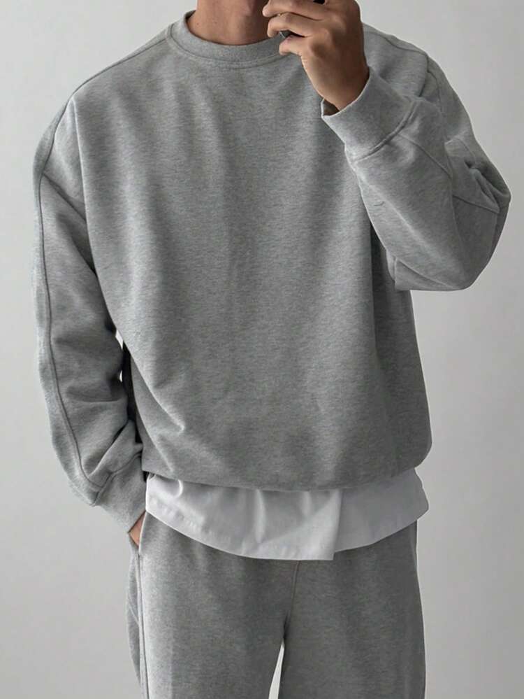 DAZY Men's Solid Gray Thermal Lined Crew Neck Sweatshirt Set, Autumn/Winter - Grey - View 5