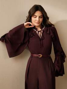 Anewsta Women's Elegant Flare Sleeve Round Neck Tie Waist Ruffle Trim Chiffon Blouse, Purple - Purple - View 6
