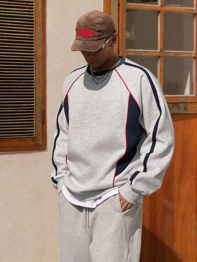 Men's Autumn/Winter Pullover Sweatshirt With Contrast Color Patchwork, Sporty Style