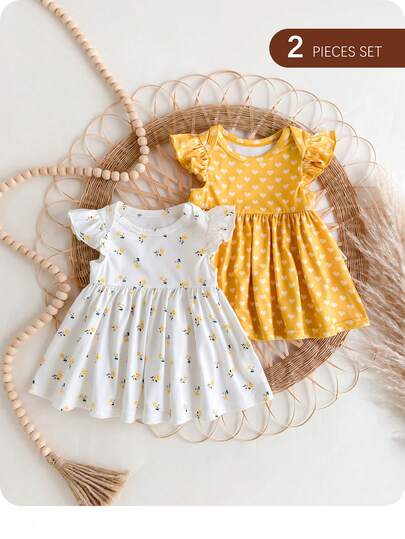 2 st/set Nyfödda Babyflickor Söt Sommar Stickad Prydnads Blommig & Prickig Klänning med Kort Ärm