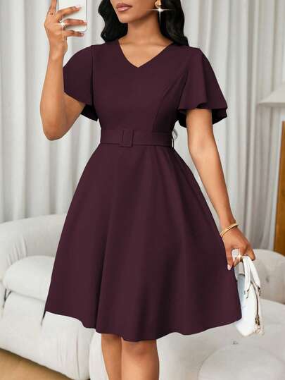 Lyxana Vestido mini elegante de unicolor con cuello en V, mangas con volantes y cintura ceñida, adecuado para fiestas y vacaciones