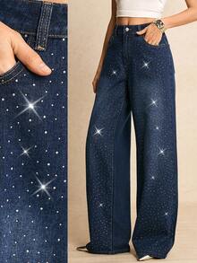 Poéselle 女士牛仔裤，饰有钻石，时尚休闲，斜插口袋饰有水钻，水洗宽松直筒裤型，闪亮波点图案，深蓝色牛仔裤，优雅派对主题，节日，新年，情人节女装。 - 深色水洗藍 - 查看 1