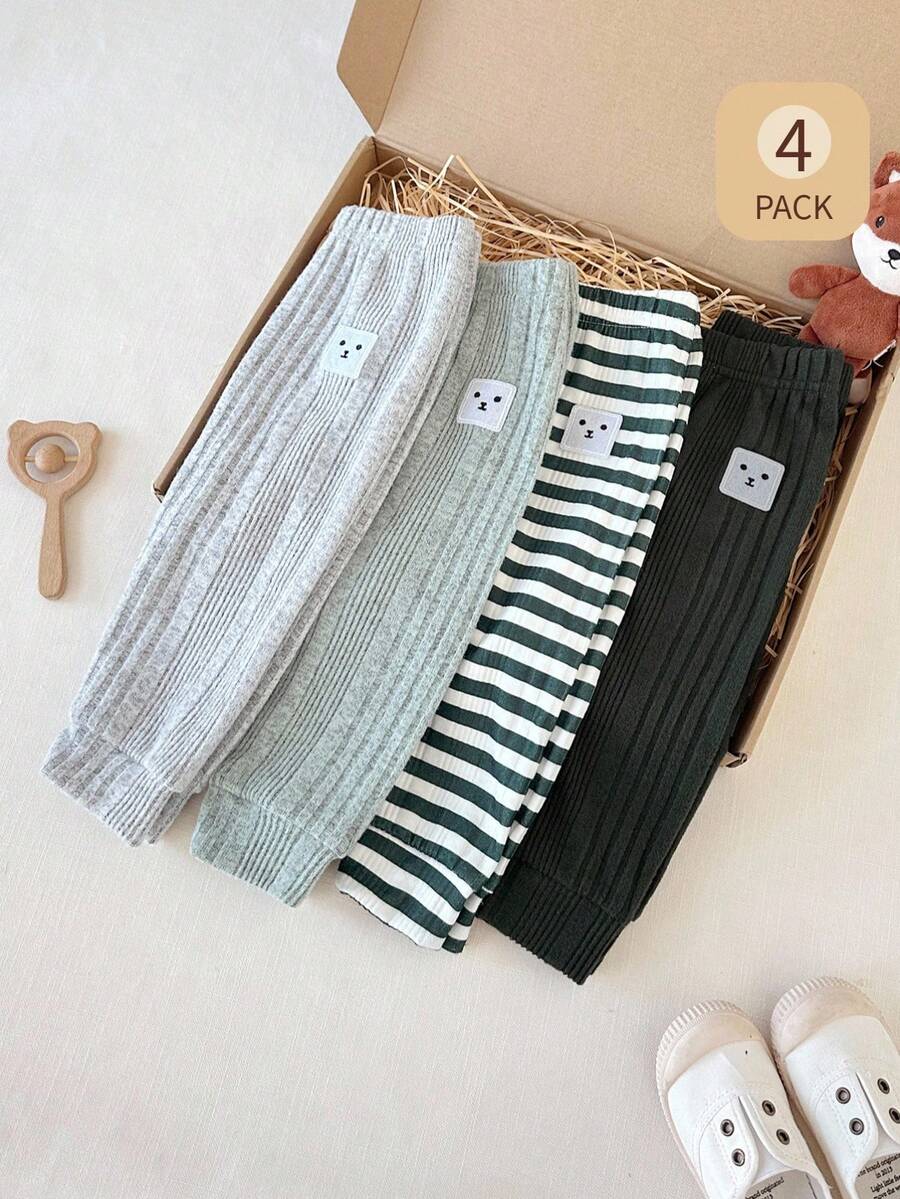 SHEIN 4pcs Baby Boys' Casual Daily Elastic Waist Fleece Uneven Ribbed Striped Dark Green Green Gray Embroidered Smiling Face Embroidered Patch Pants, Comfortable For Outings Or Home, Suitable For Spring/Autumn - Multicolor - View 1