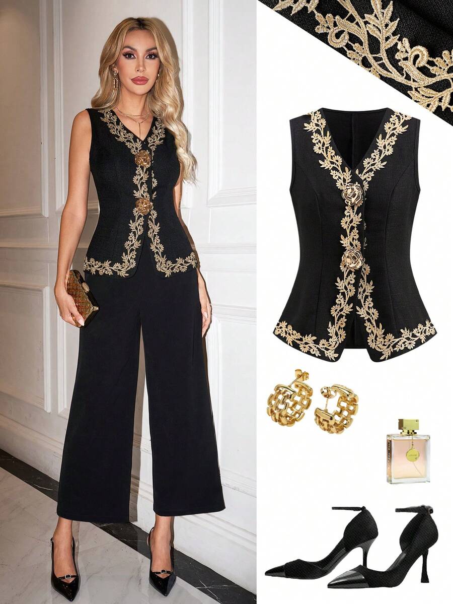 Ellevyn Women's Sleeveless Metal Rose Button Shirt, French Style, Casual & Formal Wear, High-End Summer Blouse - Black - View 1