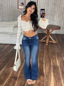 SHEIN PETITE 女士休闲水洗修身喇叭牛仔裤，靴型牛仔裤，高腰牛仔裤，女士牛仔裤，女式牛仔裤 - 藍色 - 查看 6