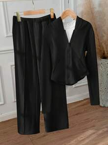 Tween Girls 2pcs Solid Drawstring Hoodie Top And Wide Leg Pants Set, Casual For Spring/Autumn, Daily Wear - Black - View 11