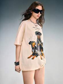 ROMWE Street Life Women's Vintage Doberman Pinscher PUNK Print Distressed Washed Short Sleeve T-Shirt - Khaki - View 9