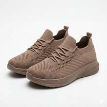 Mujer Zapatillas Deportivas De Tejido De Punto Transpirable Con Cordones Suela Gruesa Cafe Claro - Caqui - Ver 1