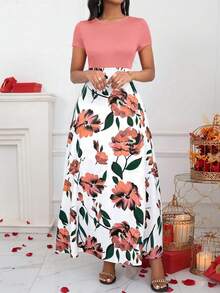 SHEIN Ladiora Đầm Maxi Dài Cổ Tròn Tay Ngắn Họa Tiết Chắp Vá Màu Trơn Cho Nữ - Hồng - Xem 5