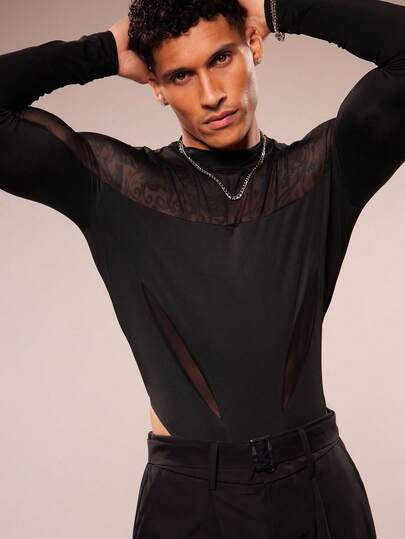 FeverCity Herrbody med rund hals och långärmad mesh-lapptäcke