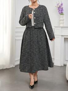 Modelyn Ensemble 2 pièces grande taille pour femmes : veste décontractée à manches longues avec boutons devant et jupe - Noir et Blanc - Voir 5