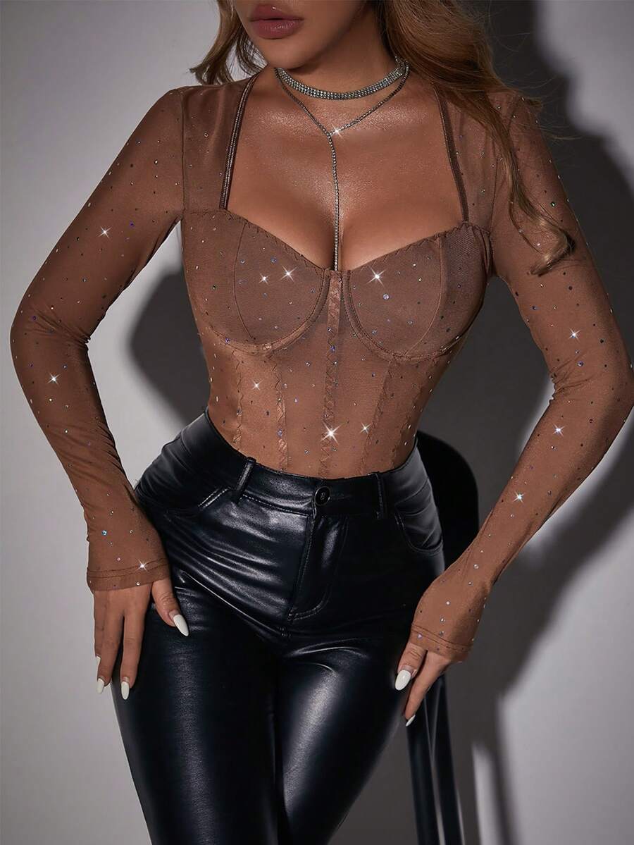 Glamine Bodysuit sexy com malha e decoração de strass para mulheres - Castanho - Visão 1