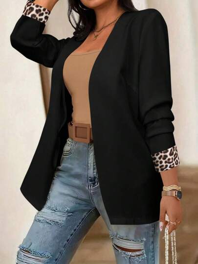 EMERY ROSE Damen Lässig Blazer Jacke mit Langarm und Leoparden-Muster Patchwork