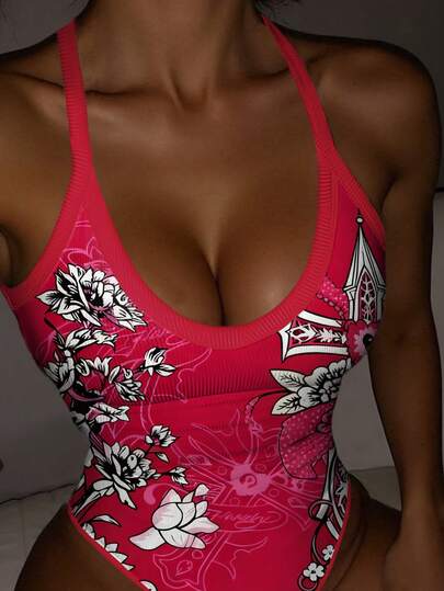 Rovax Women's Floral Print Sexy Camisole Bodysuit, Suitable For Vacation